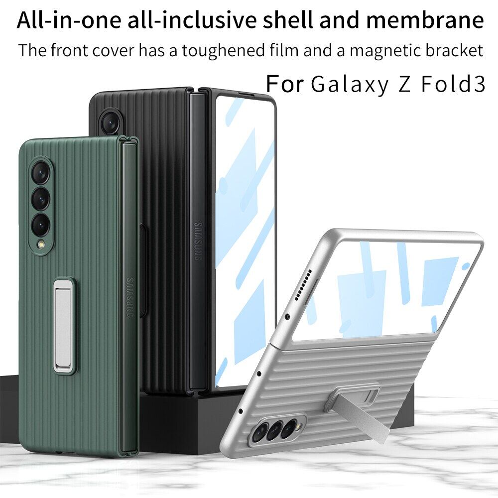 KISSCASE Magnetic Stand Vertical Pattern Mobile Phone Case with Screen Tempered Glass Film for Samsung Galaxy Z Fold 3 5G Foldable PC Hard Case
